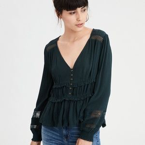 American Eagle Lacey Ruffle Waist Blouse